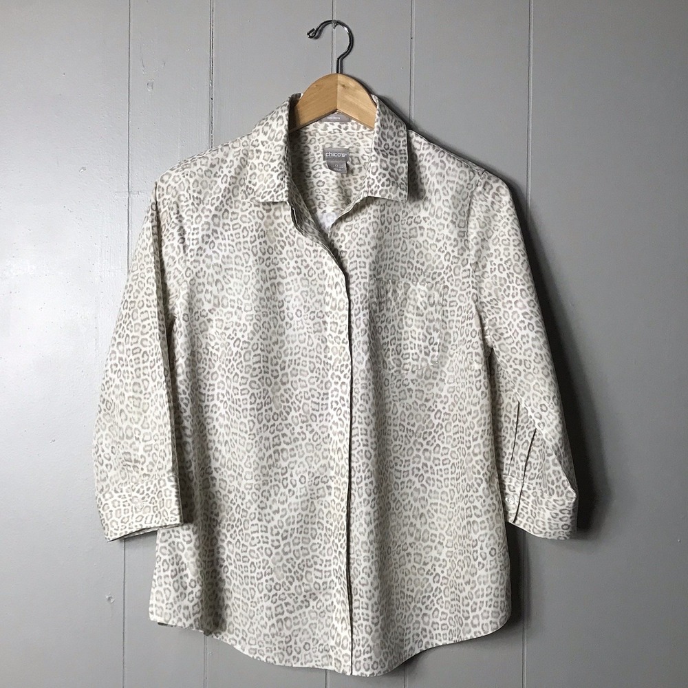 CHICO'S CHEETAH ANIMAL PRINT NO IRON BUTTON DOWN SHIRT 3/4 SLEEVE WOMENS SIZE 4